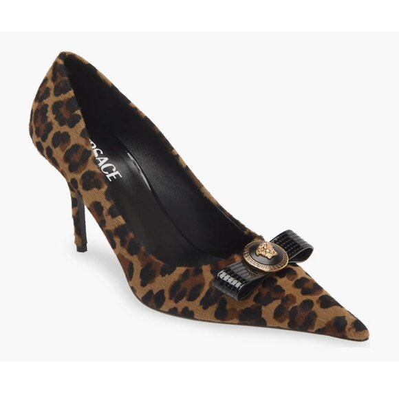 VERSACE Leopard Animal Print Genuine Calf Hair Leather Bow Pointed Toe Pumps - Picture 1 of 7